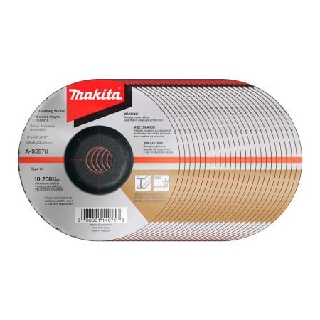 MAKITA Makita INOX Grinding Wheel, 36 Grit, Type 27, 6in Dia x 1/4inT x 7/8in Cntr Hole Dia, 5/Pk A-95978-5